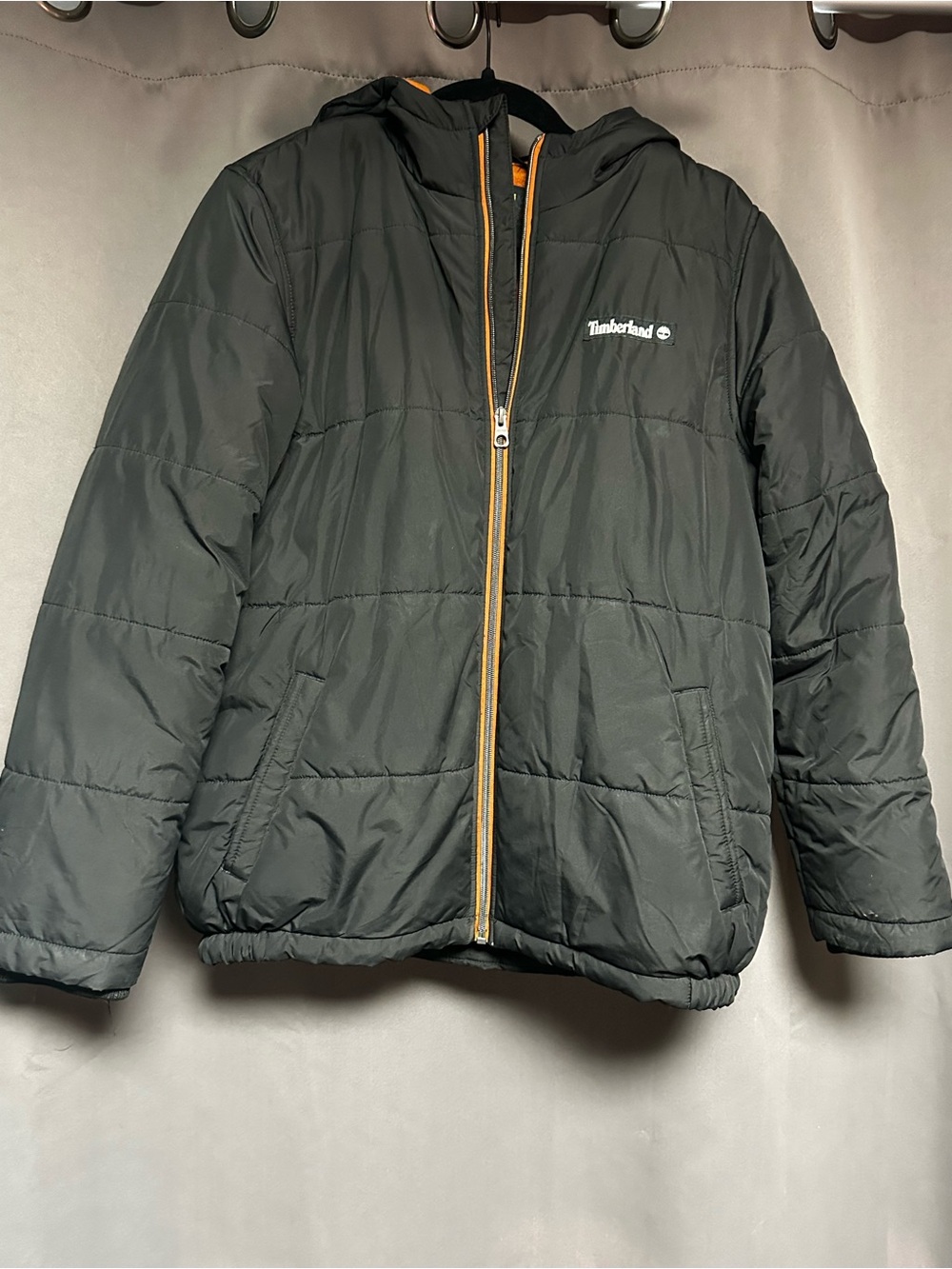 Timberland Kids' Black Hooded Puffer Jacket with Orange Trim XL 14/16